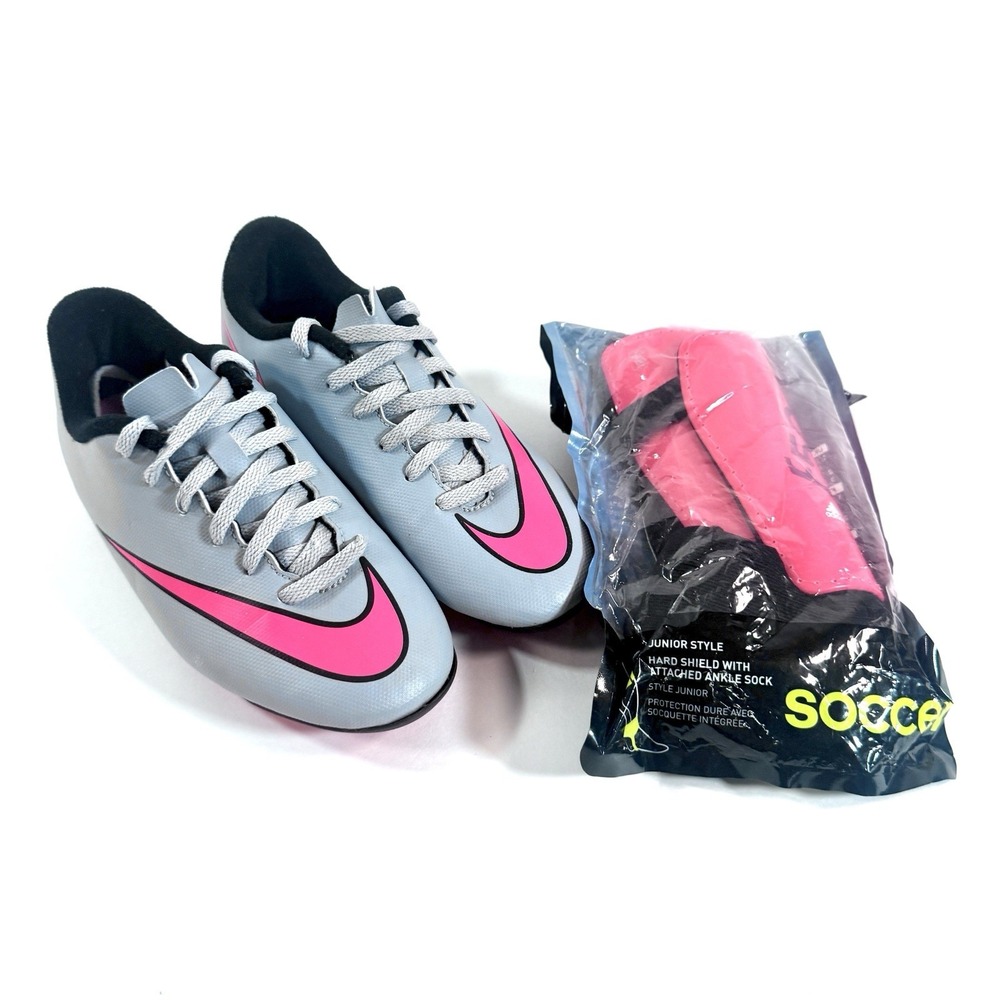 Nike Mercurial Vortex II FG-R Soccer Cleats Youth 1Y Gray Pink + Shin Guards